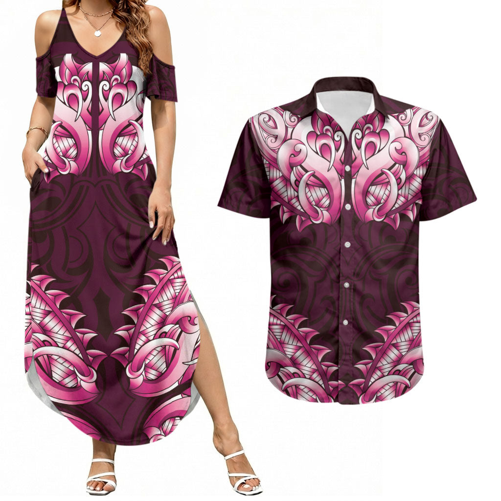 New Zealand Ta Moko Couples Matching Summer Maxi Dress and Hawaiian Shirt Aotearoa Maori Chest Tattoo Pink