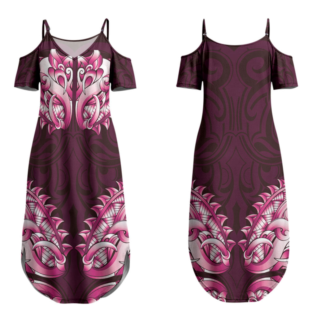 New Zealand Ta Moko Couples Matching Summer Maxi Dress and Hawaiian Shirt Aotearoa Maori Chest Tattoo Pink