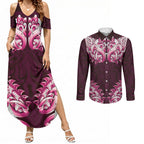 New Zealand Ta Moko Couples Matching Summer Maxi Dress and Long Sleeve Button Shirt Aotearoa Maori Chest Tattoo Pink