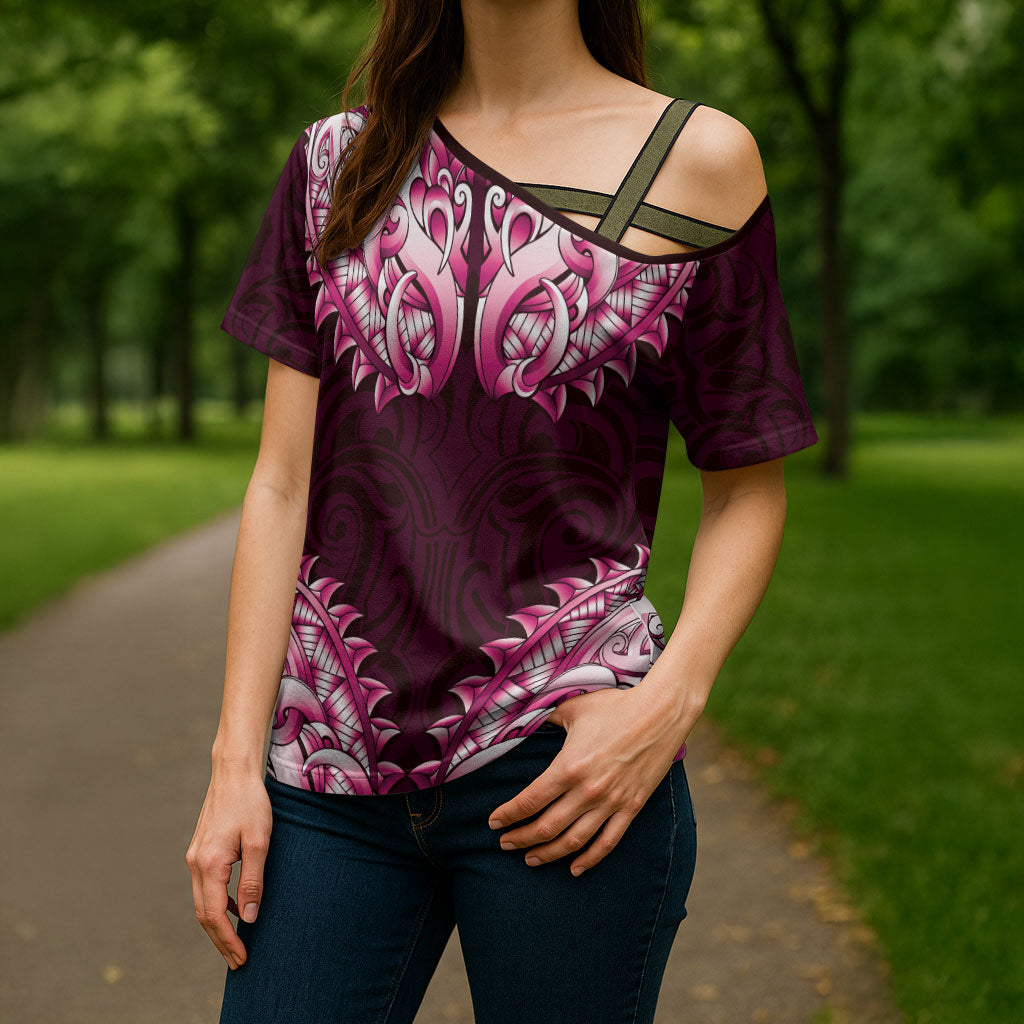 New Zealand Ta Moko Cross Shoulder Shirt Aotearoa Maori Chest Tattoo Pink