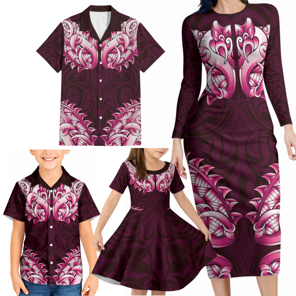 New Zealand Ta Moko Family Matching Long Sleeve Bodycon Dress and Hawaiian Shirt Aotearoa Maori Chest Tattoo Pink