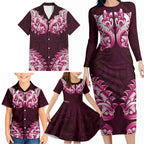 New Zealand Ta Moko Family Matching Long Sleeve Bodycon Dress and Hawaiian Shirt Aotearoa Maori Chest Tattoo Pink