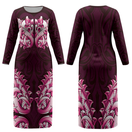 New Zealand Ta Moko Family Matching Long Sleeve Bodycon Dress and Hawaiian Shirt Aotearoa Maori Chest Tattoo Pink