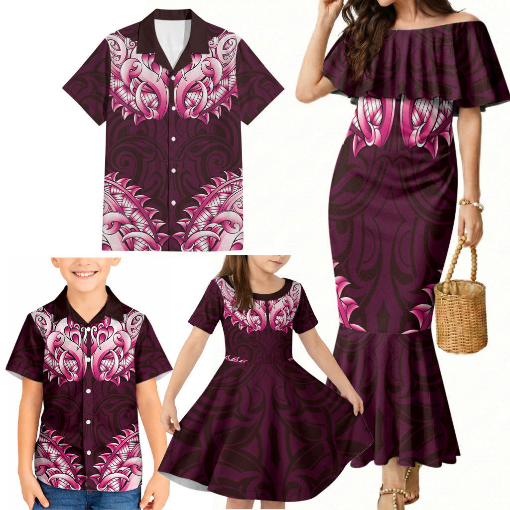New Zealand Ta Moko Family Matching Mermaid Dress and Hawaiian Shirt Aotearoa Maori Chest Tattoo Pink