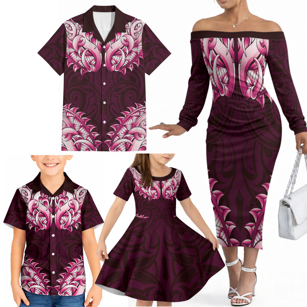 New Zealand Ta Moko Family Matching Off The Shoulder Long Sleeve Dress and Hawaiian Shirt Aotearoa Maori Chest Tattoo Pink