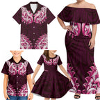 New Zealand Ta Moko Family Matching Off Shoulder Maxi Dress and Hawaiian Shirt Aotearoa Maori Chest Tattoo Pink