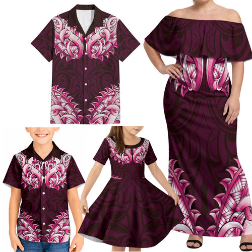 New Zealand Ta Moko Family Matching Off Shoulder Maxi Dress and Hawaiian Shirt Aotearoa Maori Chest Tattoo Pink