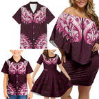 New Zealand Ta Moko Family Matching Off Shoulder Short Dress and Hawaiian Shirt Aotearoa Maori Chest Tattoo Pink
