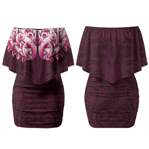 New Zealand Ta Moko Family Matching Off Shoulder Short Dress and Hawaiian Shirt Aotearoa Maori Chest Tattoo Pink