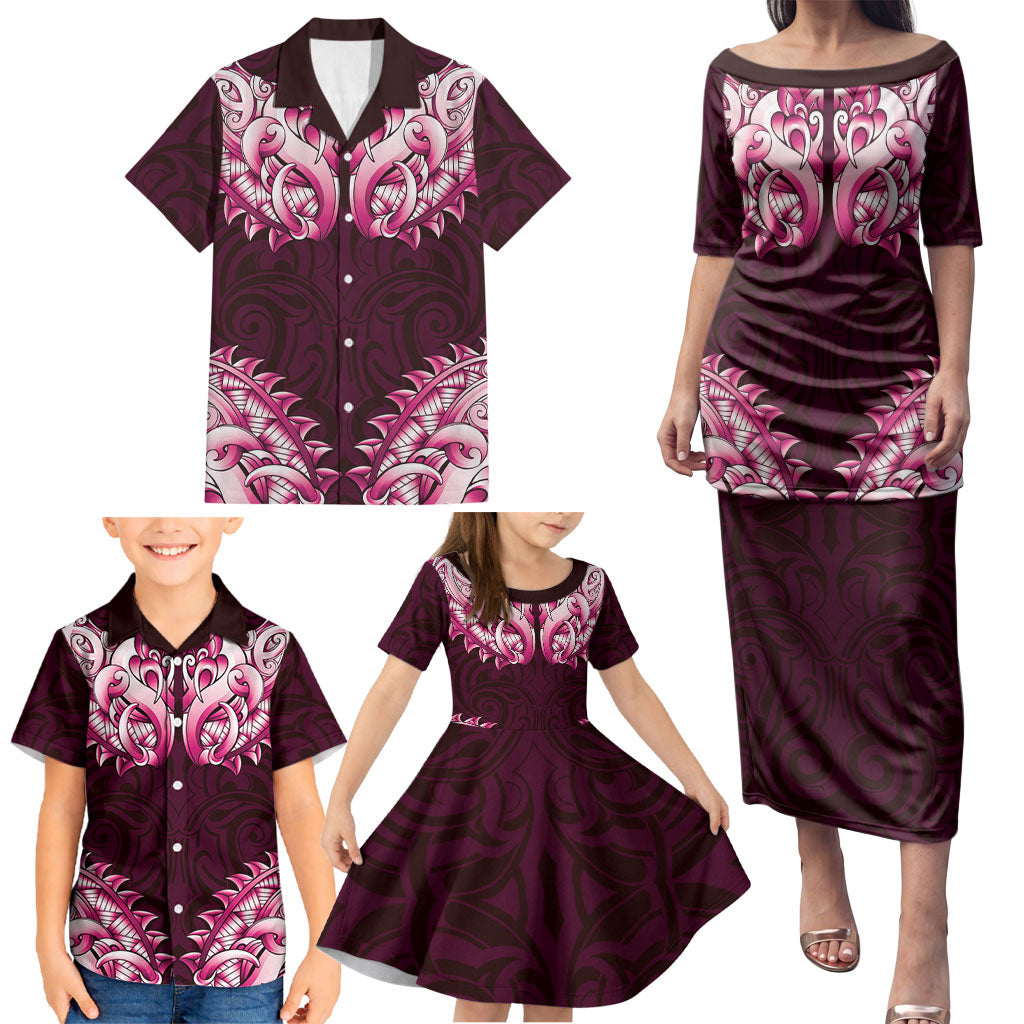 New Zealand Ta Moko Family Matching Puletasi and Hawaiian Shirt Aotearoa Maori Chest Tattoo Pink