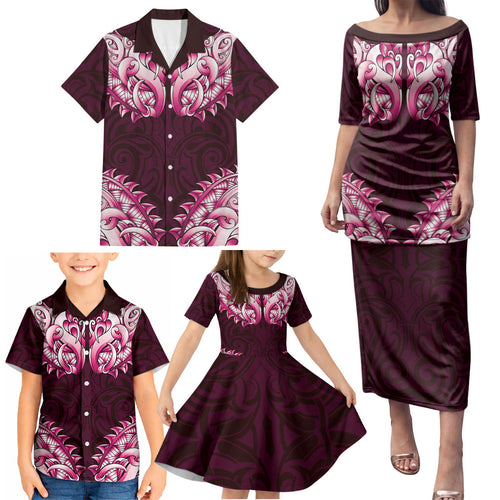 New Zealand Ta Moko Family Matching Puletasi and Hawaiian Shirt Aotearoa Maori Chest Tattoo Pink