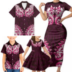 New Zealand Ta Moko Family Matching Short Sleeve Bodycon Dress and Hawaiian Shirt Aotearoa Maori Chest Tattoo Pink