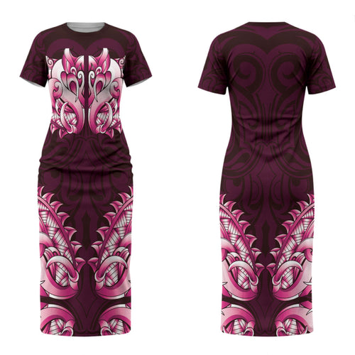 New Zealand Ta Moko Family Matching Short Sleeve Bodycon Dress and Hawaiian Shirt Aotearoa Maori Chest Tattoo Pink