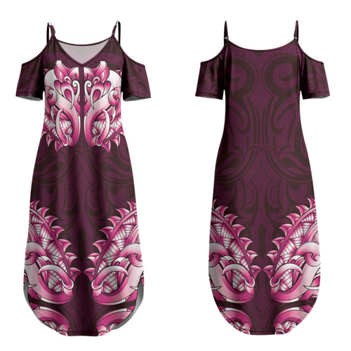 New Zealand Ta Moko Family Matching Summer Maxi Dress and Hawaiian Shirt Aotearoa Maori Chest Tattoo Pink