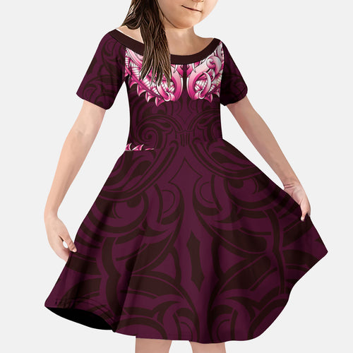 New Zealand Ta Moko Kid Short Sleeve Dress Aotearoa Maori Chest Tattoo Pink