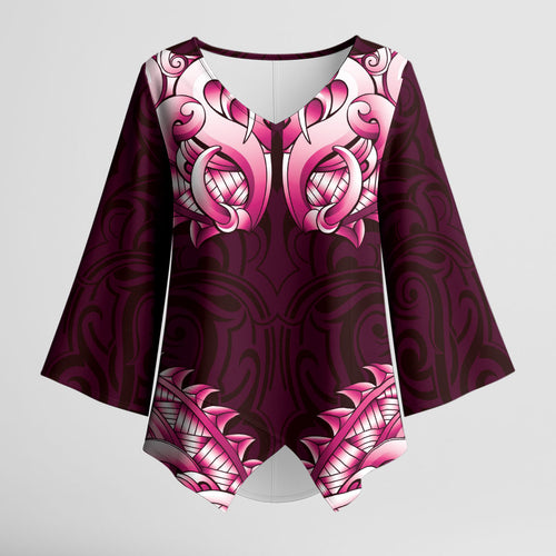New Zealand Ta Moko Kimono Sleeve Blouse Aotearoa Maori Chest Tattoo Pink