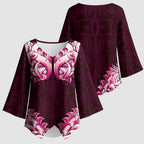 New Zealand Ta Moko Kimono Sleeve Blouse Aotearoa Maori Chest Tattoo Pink