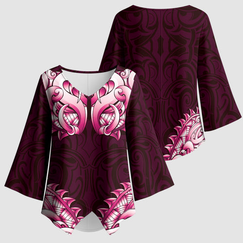 New Zealand Ta Moko Kimono Sleeve Blouse Aotearoa Maori Chest Tattoo Pink