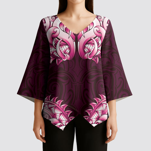 New Zealand Ta Moko Kimono Sleeve Blouse Aotearoa Maori Chest Tattoo Pink