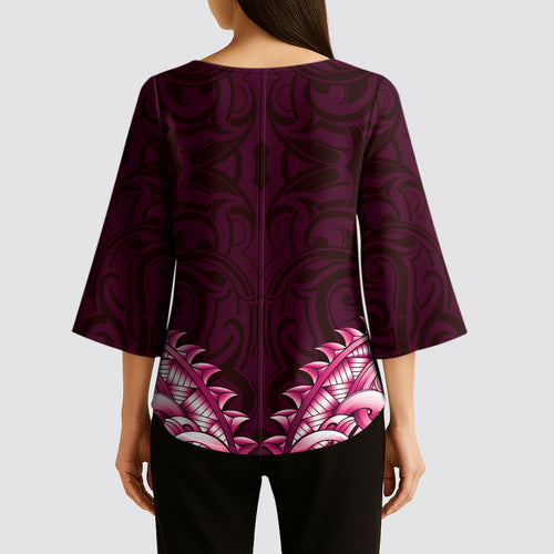 New Zealand Ta Moko Kimono Sleeve Blouse Aotearoa Maori Chest Tattoo Pink