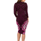 New Zealand Ta Moko Long Sleeve Bodycon Dress Aotearoa Maori Chest Tattoo Pink