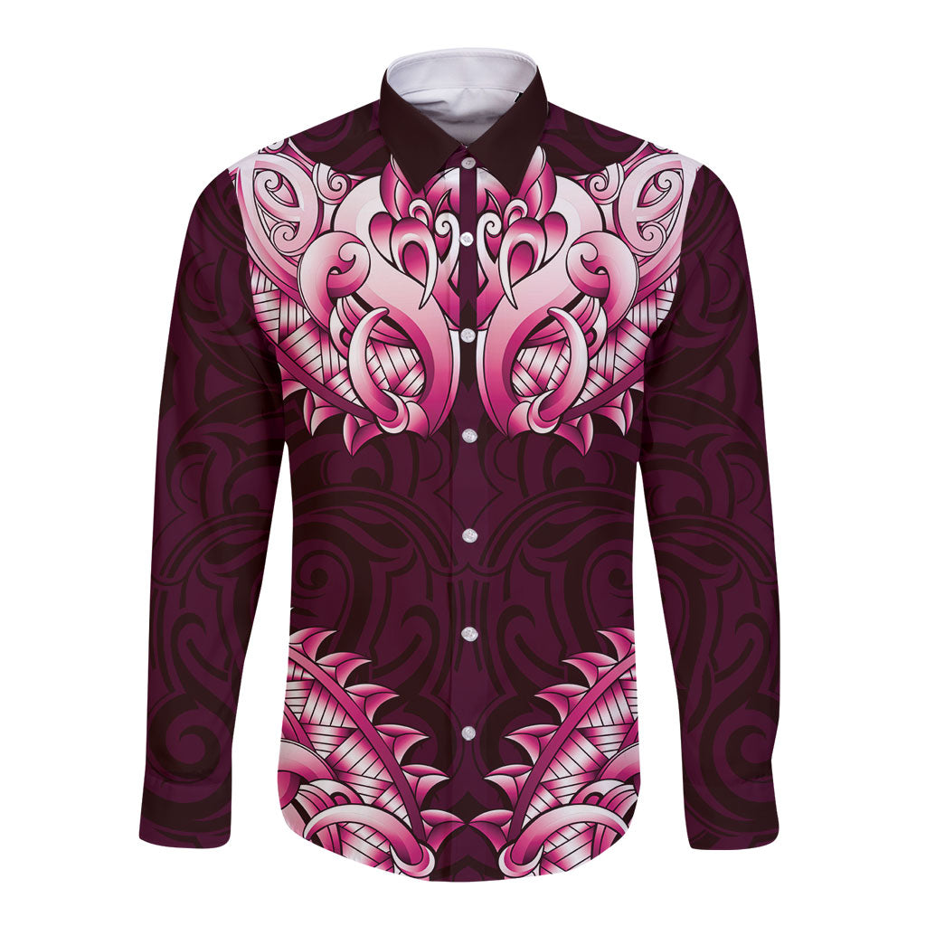 New Zealand Ta Moko Long Sleeve Button Shirt Aotearoa Maori Chest Tattoo Pink