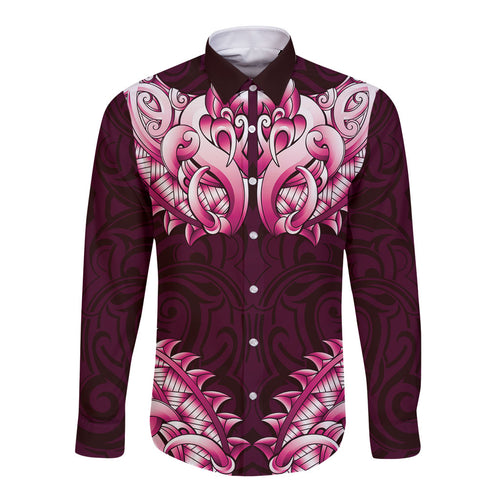 New Zealand Ta Moko Long Sleeve Button Shirt Aotearoa Maori Chest Tattoo Pink