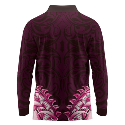 New Zealand Ta Moko Long Sleeve Polo Shirt Aotearoa Maori Chest Tattoo Pink