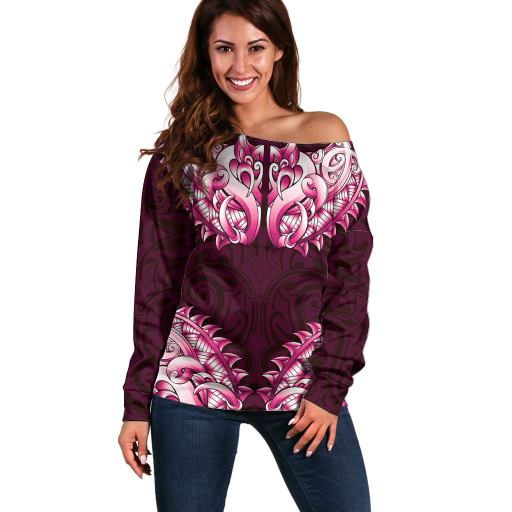 New Zealand Ta Moko Off Shoulder Sweater Aotearoa Maori Chest Tattoo Pink
