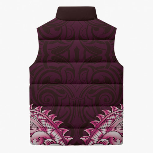 New Zealand Ta Moko Sleeveless Puffer Jacket Aotearoa Maori Chest Tattoo Pink