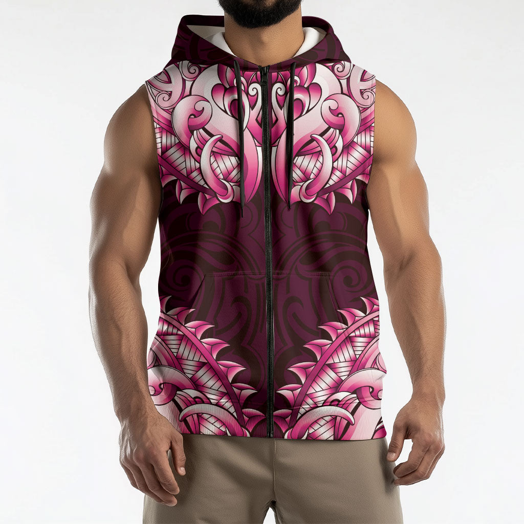 New Zealand Ta Moko Sleeveless Zip Hoodie Aotearoa Maori Chest Tattoo Pink