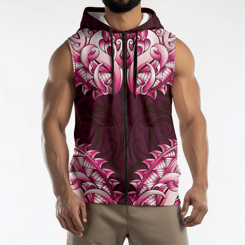 New Zealand Ta Moko Sleeveless Zip Hoodie Aotearoa Maori Chest Tattoo Pink