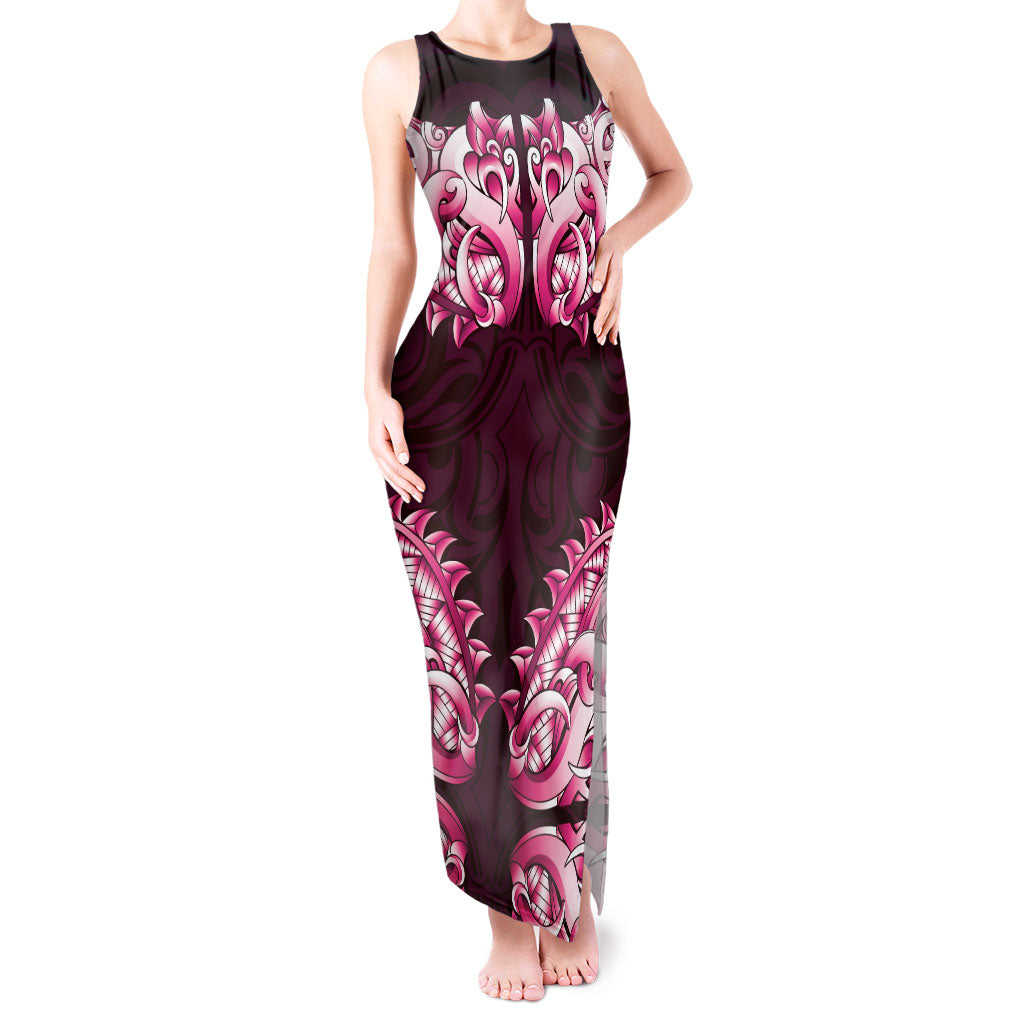 New Zealand Ta Moko Tank Maxi Dress Aotearoa Maori Chest Tattoo Pink