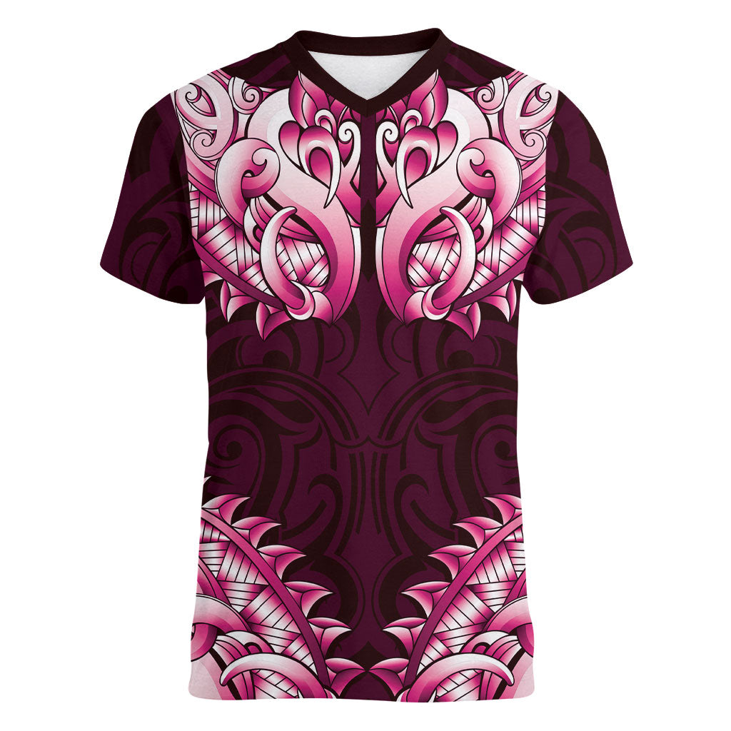 New Zealand Ta Moko Women V-Neck T-Shirt Aotearoa Maori Chest Tattoo Pink