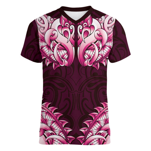 New Zealand Ta Moko Women V-Neck T-Shirt Aotearoa Maori Chest Tattoo Pink
