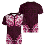 New Zealand Ta Moko Women V-Neck T-Shirt Aotearoa Maori Chest Tattoo Pink