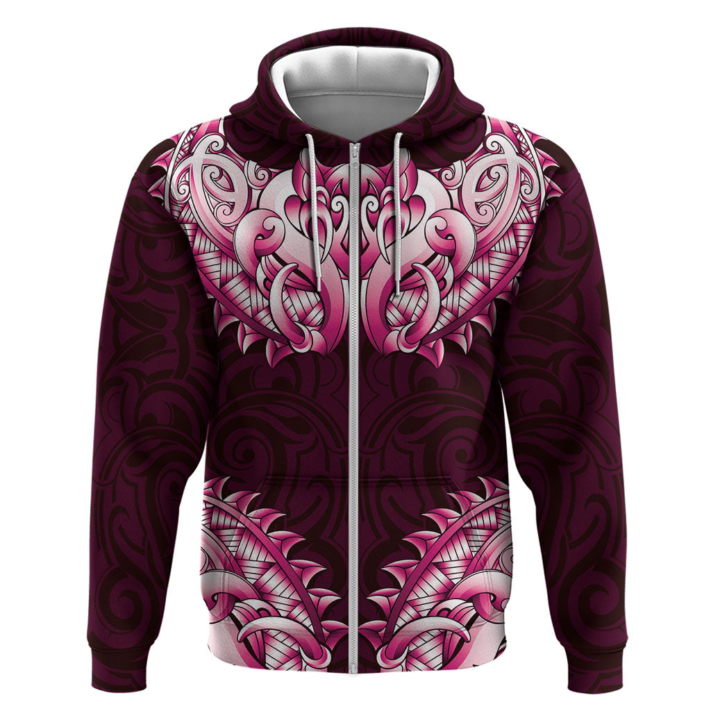 New Zealand Ta Moko Zip Hoodie Aotearoa Maori Chest Tattoo Pink