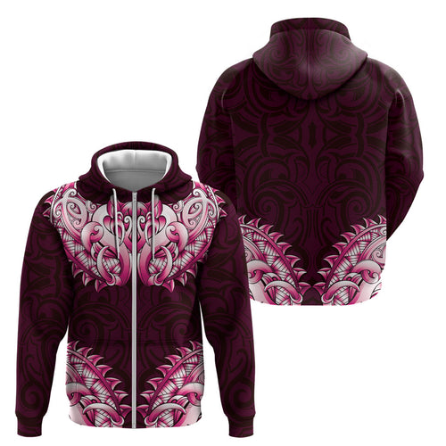 New Zealand Ta Moko Zip Hoodie Aotearoa Maori Chest Tattoo Pink