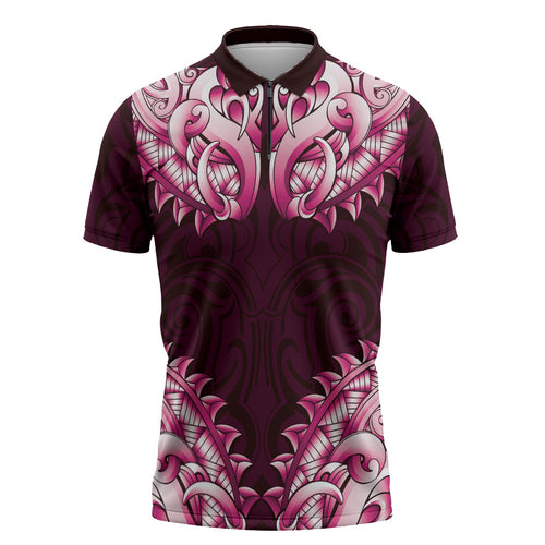 New Zealand Ta Moko Zipper Polo Shirt Aotearoa Maori Chest Tattoo Pink