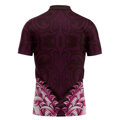 New Zealand Ta Moko Zipper Polo Shirt Aotearoa Maori Chest Tattoo Pink