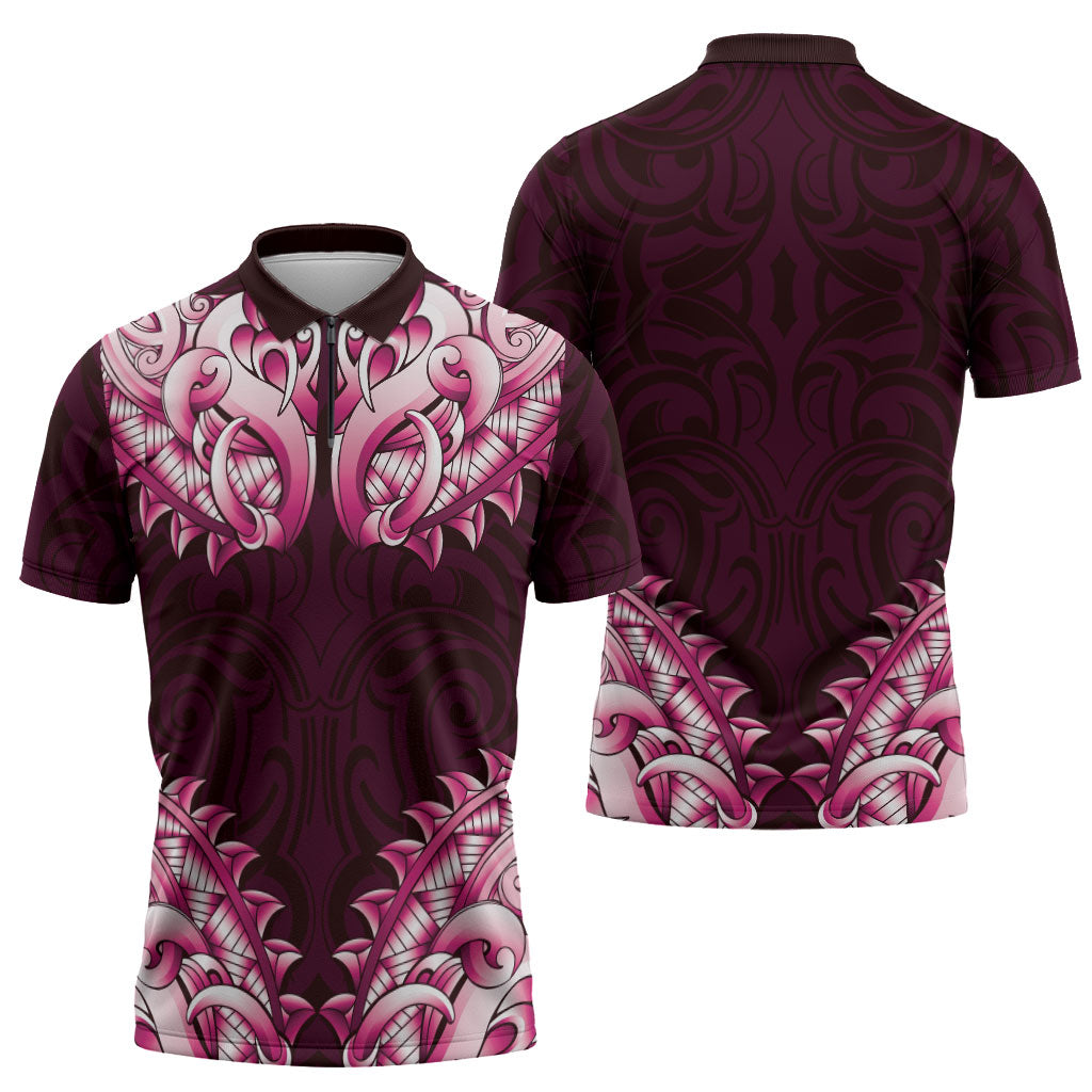 New Zealand Ta Moko Zipper Polo Shirt Aotearoa Maori Chest Tattoo Pink