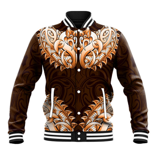 New Zealand Ta Moko Baseball Jacket Aotearoa Maori Chest Tattoo Orange