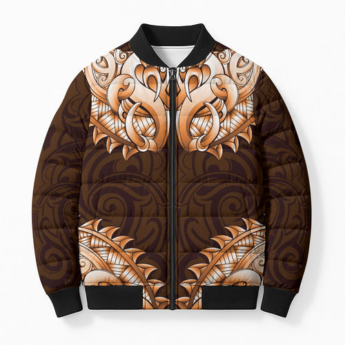 New Zealand Ta Moko Bomber Puffer Jacket Aotearoa Maori Chest Tattoo Orange