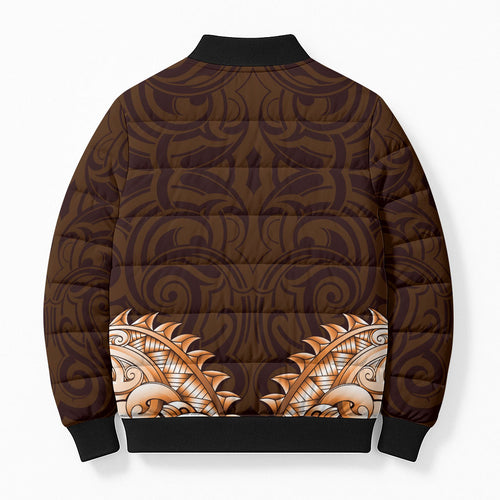 New Zealand Ta Moko Bomber Puffer Jacket Aotearoa Maori Chest Tattoo Orange