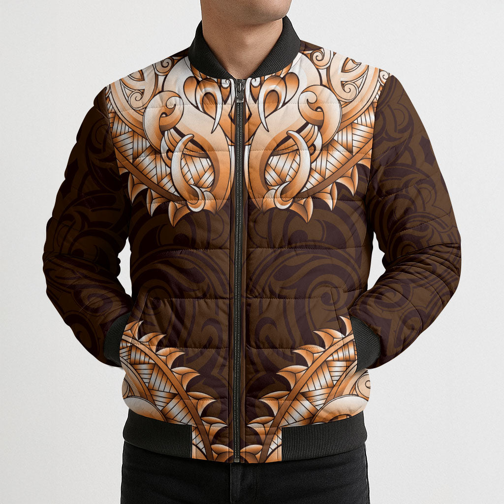 New Zealand Ta Moko Bomber Puffer Jacket Aotearoa Maori Chest Tattoo Orange