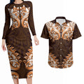 New Zealand Ta Moko Couples Matching Long Sleeve Bodycon Dress and Hawaiian Shirt Aotearoa Maori Chest Tattoo Orange