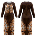New Zealand Ta Moko Couples Matching Long Sleeve Bodycon Dress and Hawaiian Shirt Aotearoa Maori Chest Tattoo Orange
