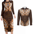 New Zealand Ta Moko Couples Matching Long Sleeve Bodycon Dress and Long Sleeve Button Shirt Aotearoa Maori Chest Tattoo Orange