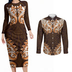 New Zealand Ta Moko Couples Matching Long Sleeve Bodycon Dress and Long Sleeve Button Shirt Aotearoa Maori Chest Tattoo Orange