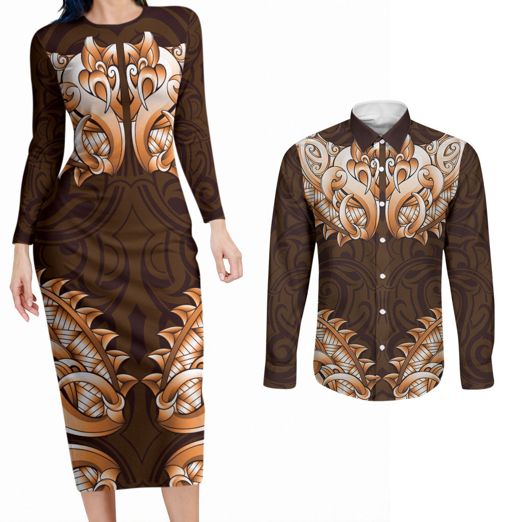 New Zealand Ta Moko Couples Matching Long Sleeve Bodycon Dress and Long Sleeve Button Shirt Aotearoa Maori Chest Tattoo Orange